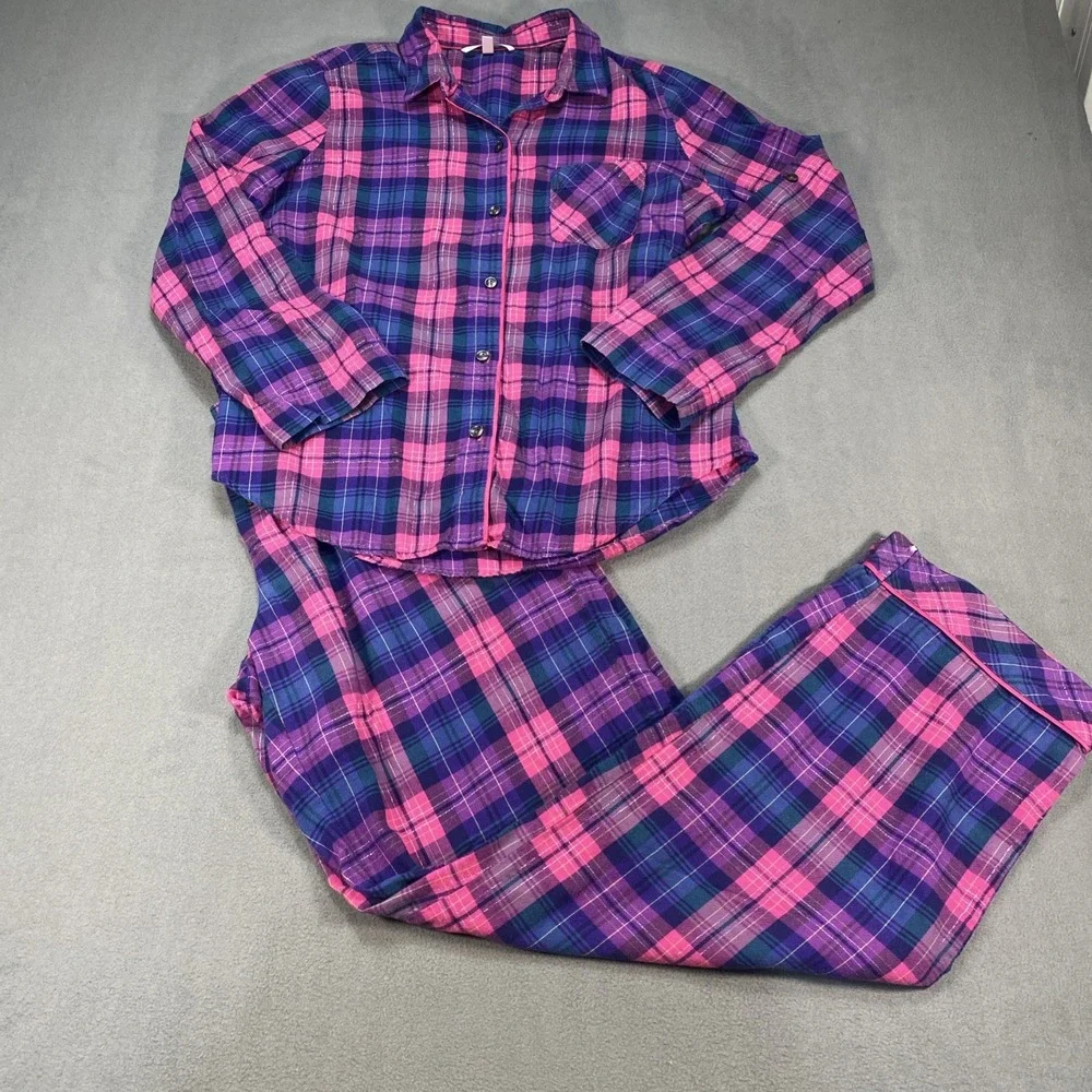 Victoria's Secret Small Y2K Plaid Light Flannel Pajama Set Pink Blue Roll Tab